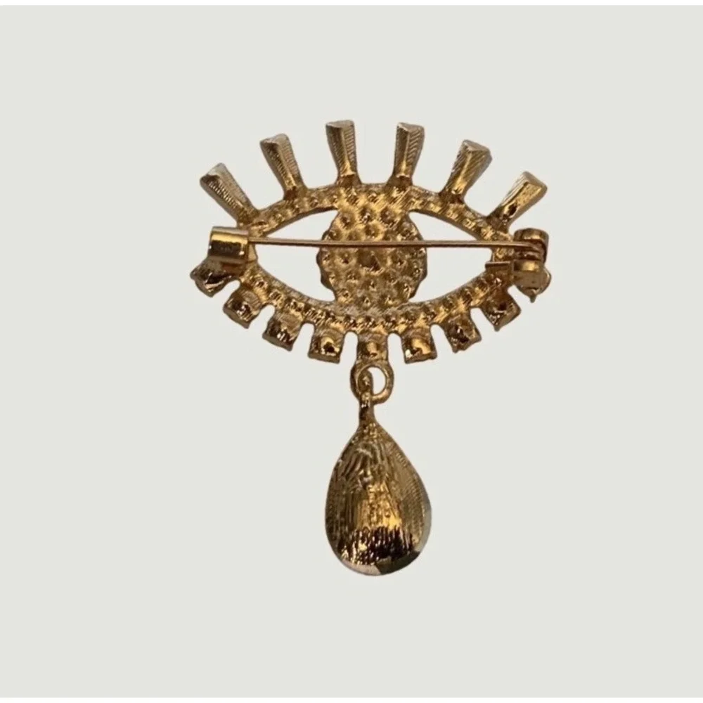 Gold Tone Evil Eye Rhinestone Brooch Pin Crystal Teardrop Charm Baguette Eyelash